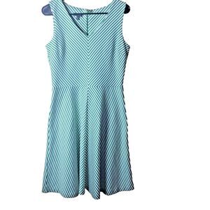 Talbots Woman's Green & White Striped Sleeveless Stretchy Flare Dress Size M